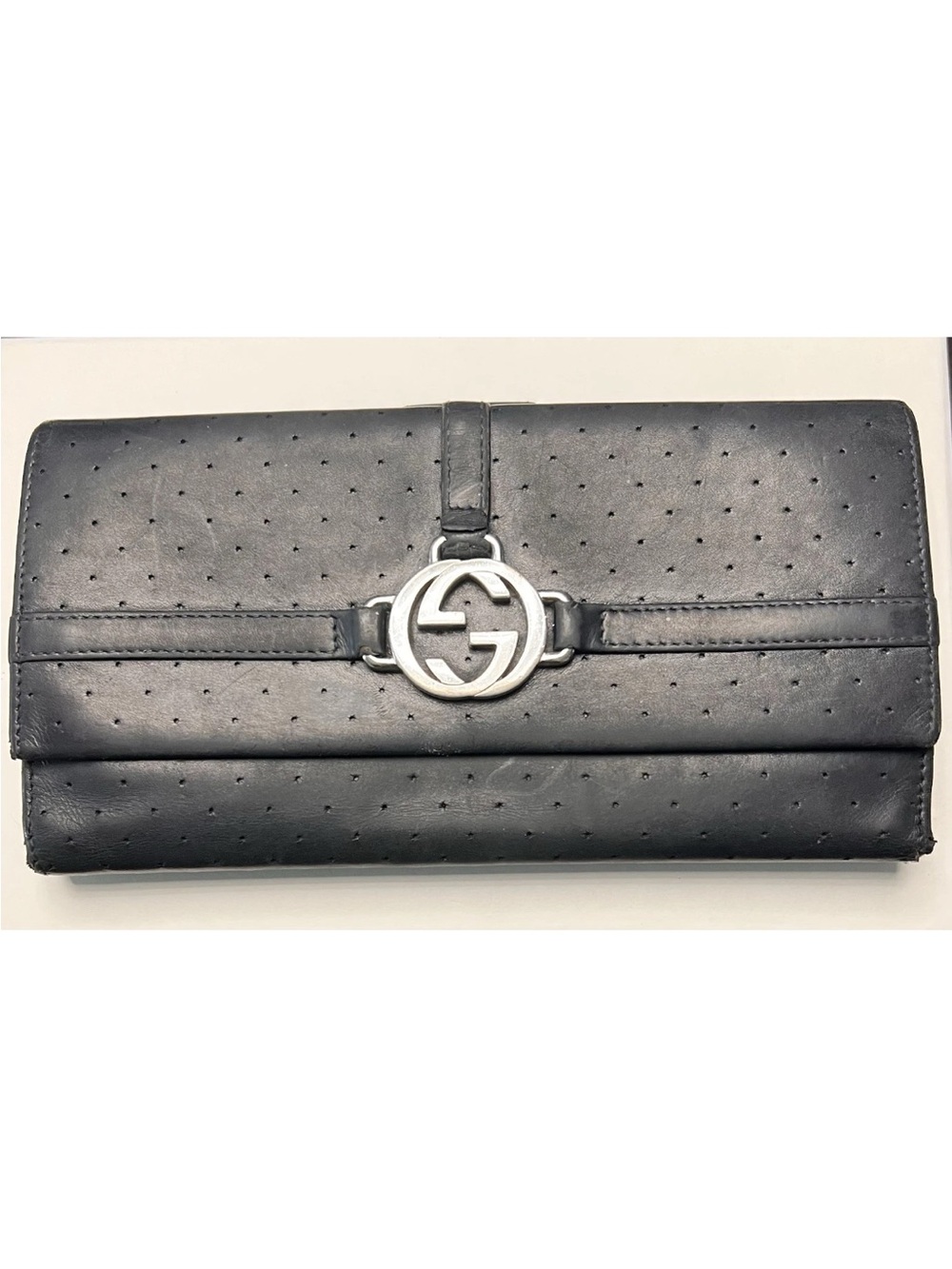 Authentic Gucci Black Perforated Leather Interlocking G Continental Wallet w/COA